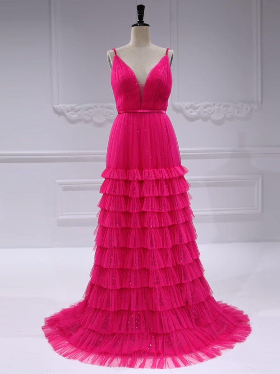V-Neck Tiered Prom Dress | Sparkle Tulle Gown  yewendress
