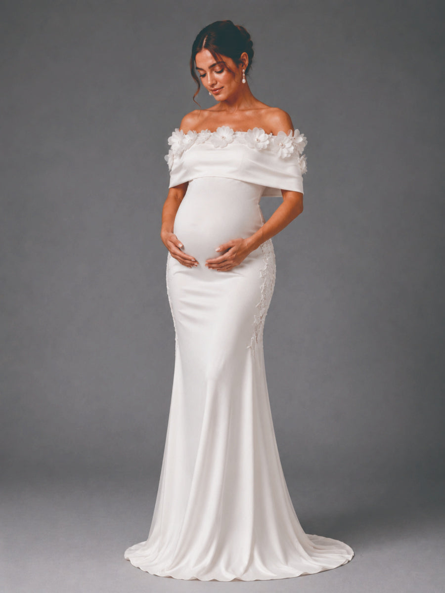 floral fitted maternity dress White Off-Shoulder 3D for Baby Shower L-26920 – yewendress line silhouette Square neckline GL-04.02.26 Size:XX- Large Sahpxhe Dresses for Women