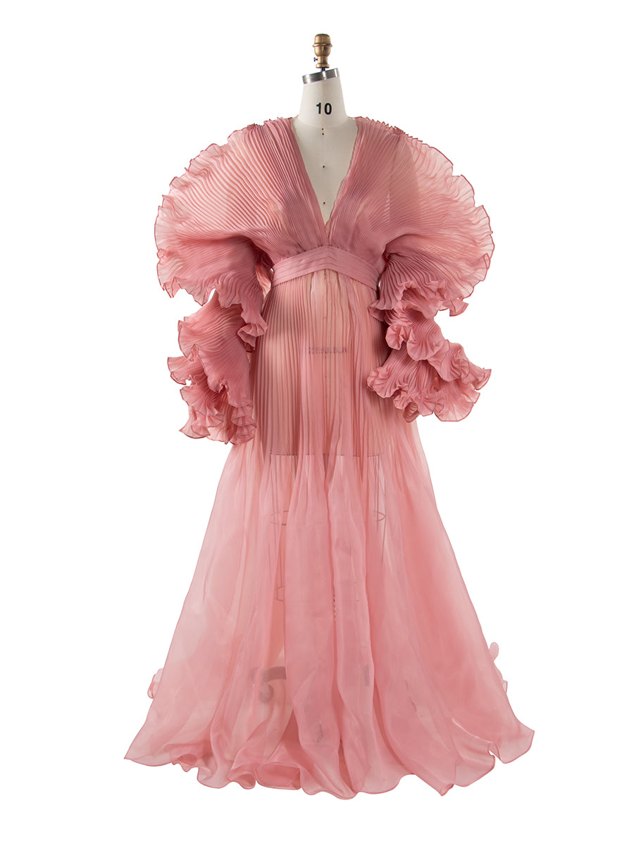 pink long sleeve baby shower dress V Neck Pleated Organza Maternity Dresses for Photoshoot Long Dress for  Maternity Shoot Baby Shower Dresses YW243116 – yewendress