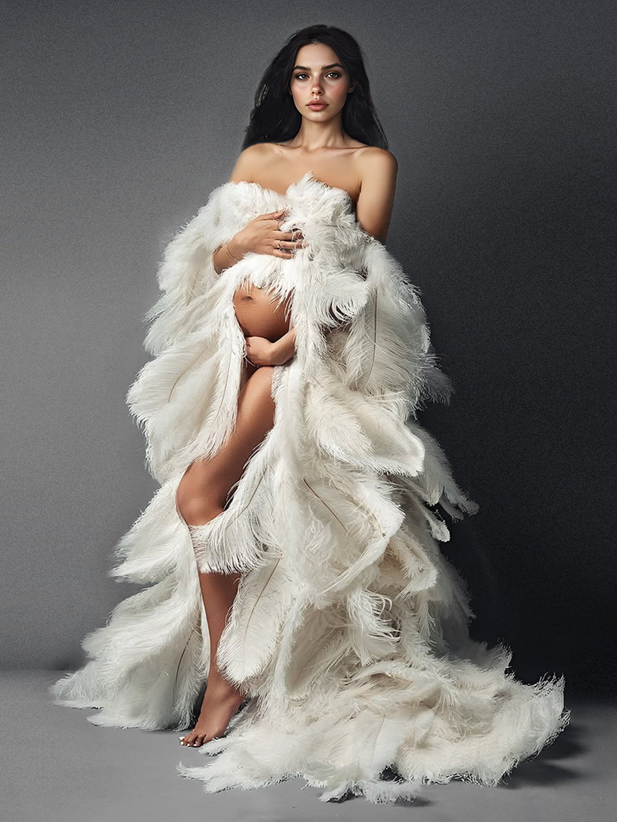 Luxury Ostrich Feather Cape Maternity Shoot Robe Gown YW250017 Luxury Ostrich Feather Cape Maternity Shoot Robe Gown YW250017