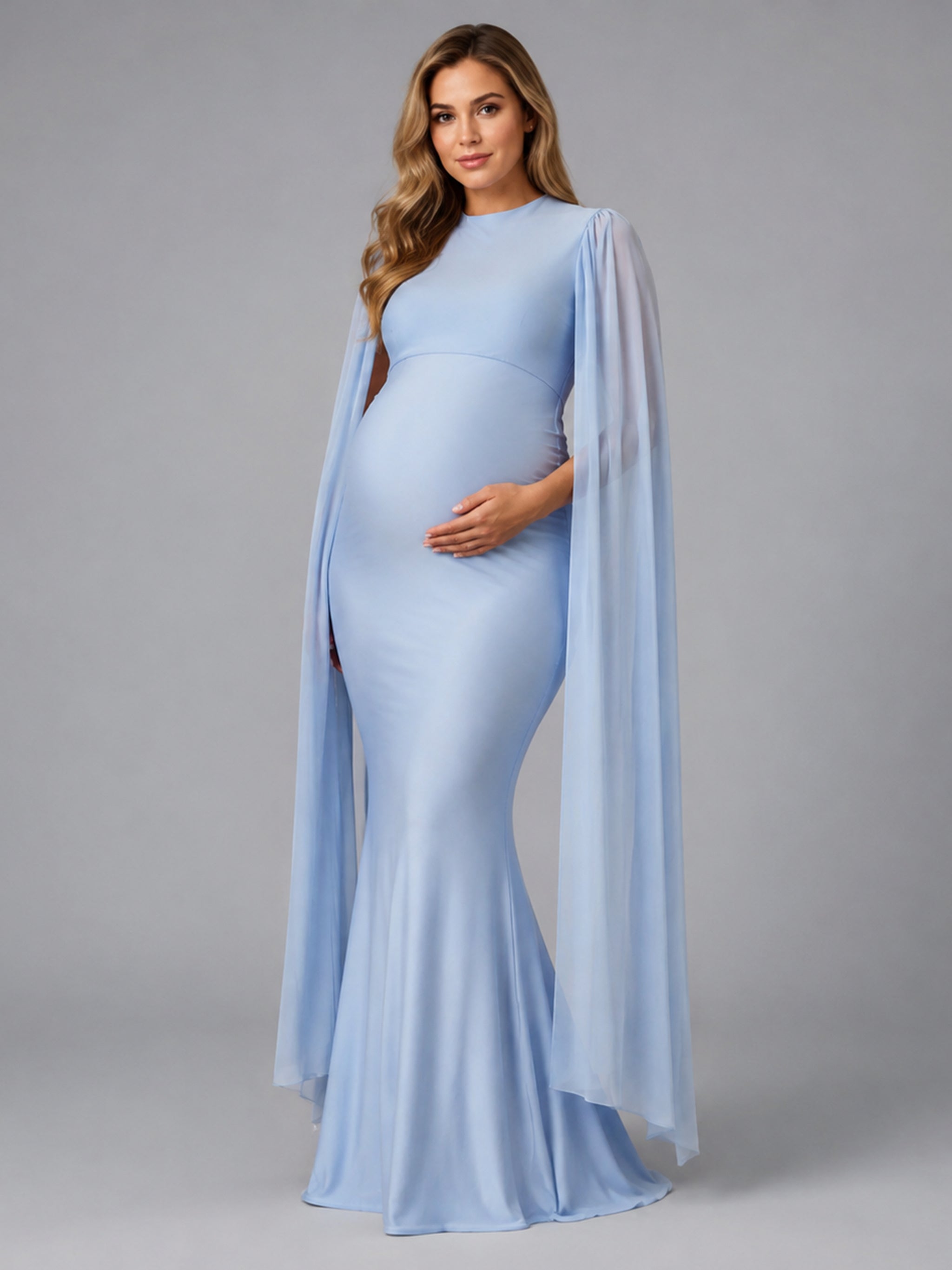 Light Blue Cape Sleeve Maternity Dress for Baby Shower