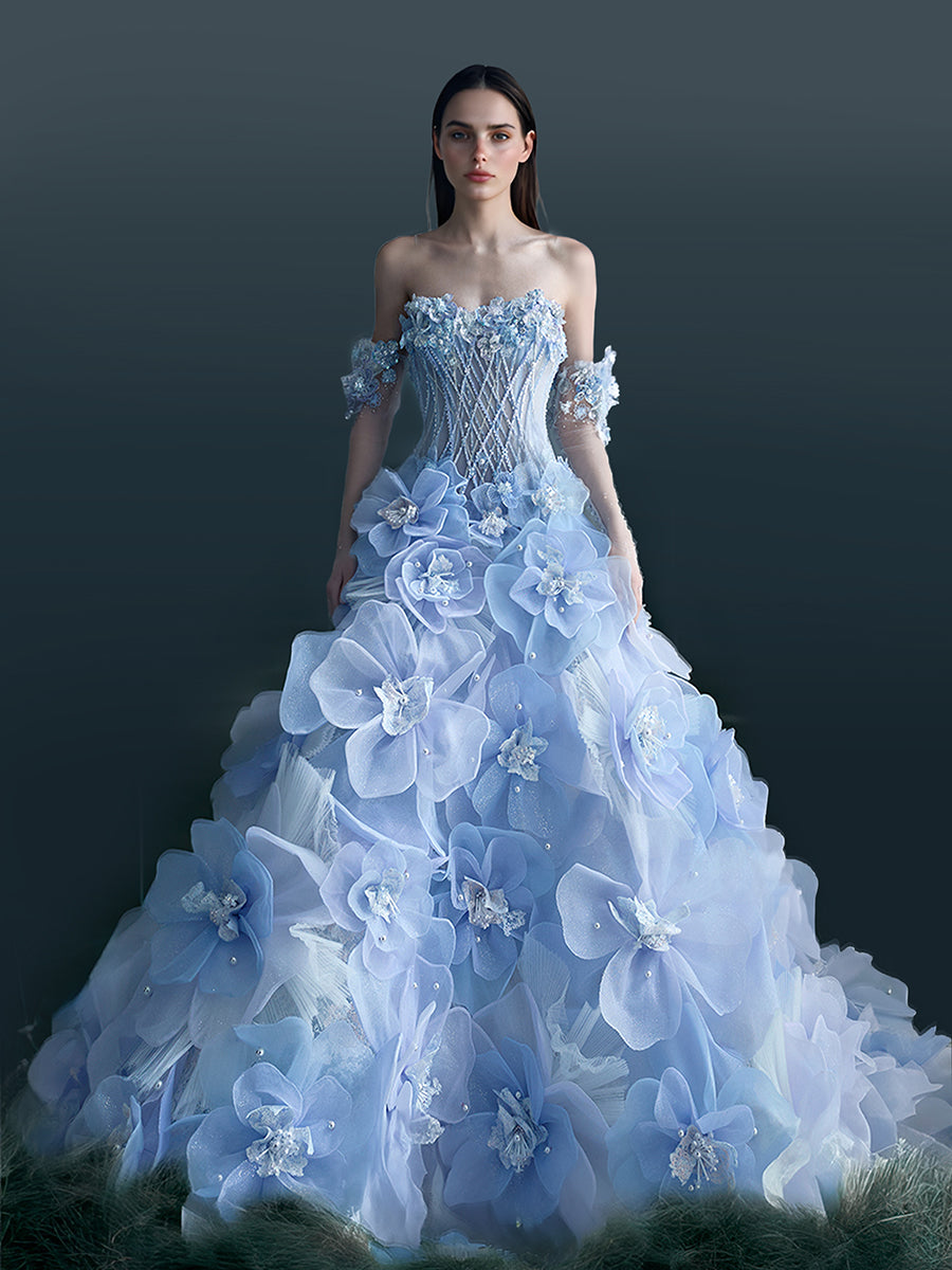 Custom Made Luxury Crystal Handmade Flowers Dress Beading Women Princess Wedding Birthday Party Pageant Gown 22w / Picture Color