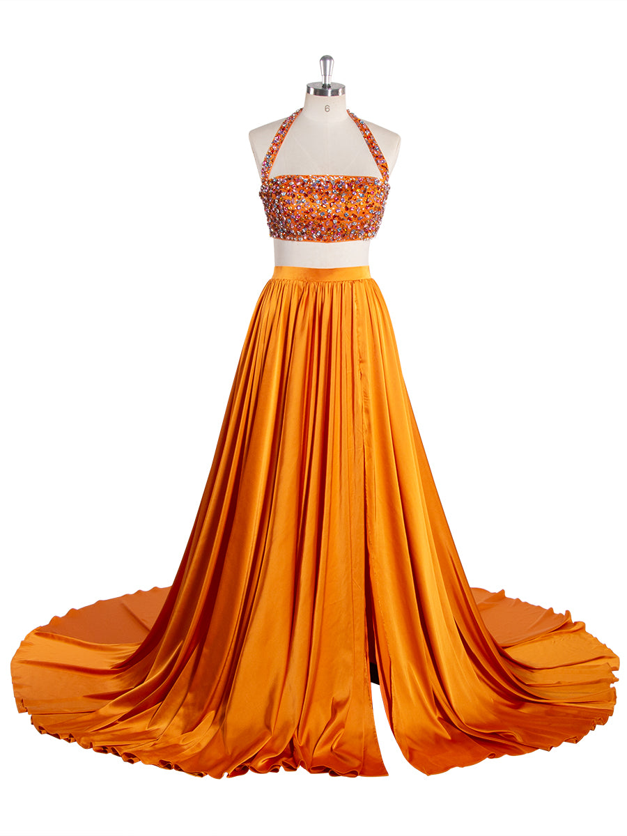orange two piece dress Orange Two-piece Gown Beaded Evening Gown Birthday Outfit Dress YW260233 8 / T154