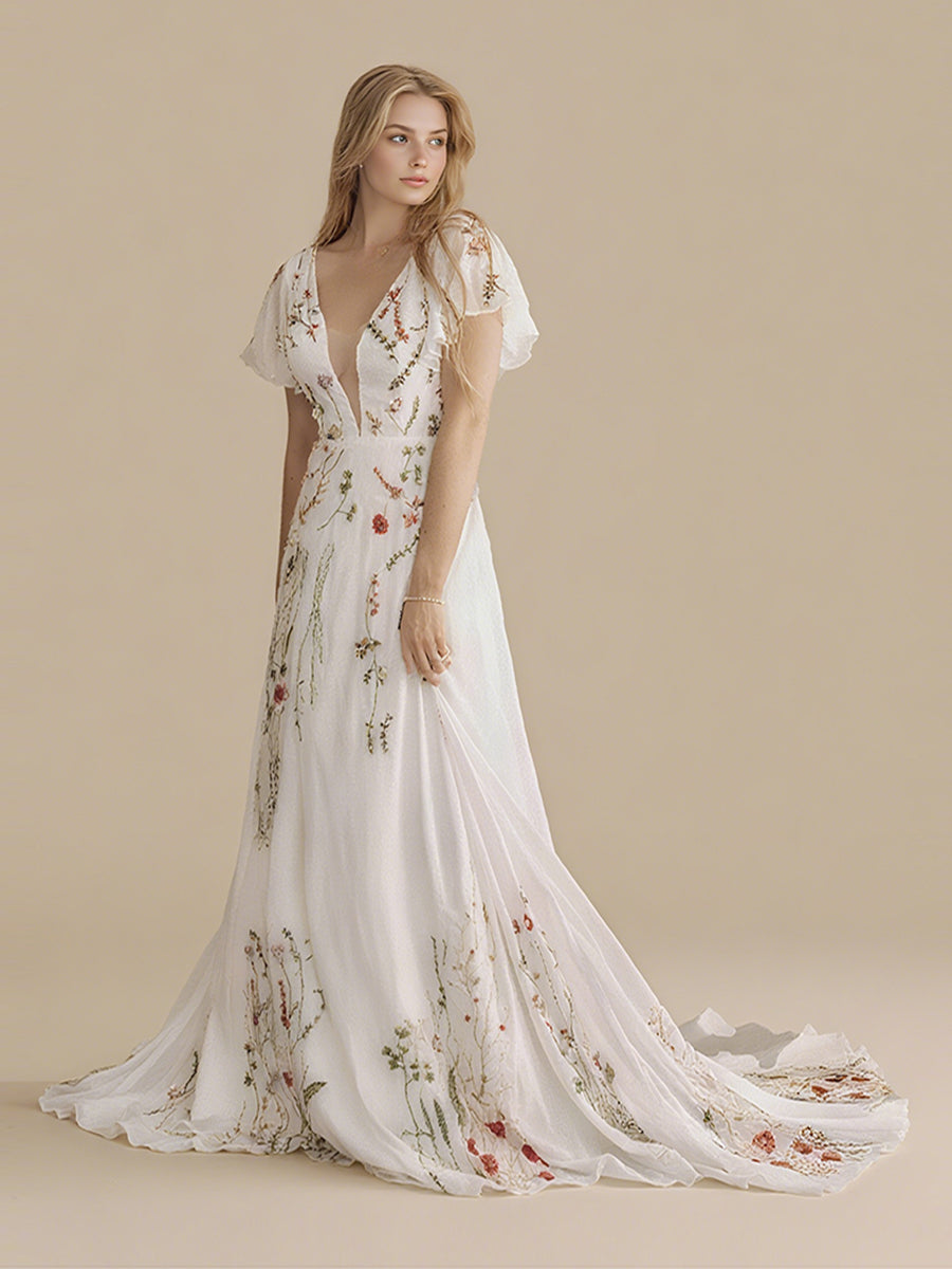 Bohemian Wedding Dress Colorful Floral Lace Chiffon Boho Wedding Gown Bohemian Wedding Dress Colorful Floral Lace Chiffon Boho Wedding Gown