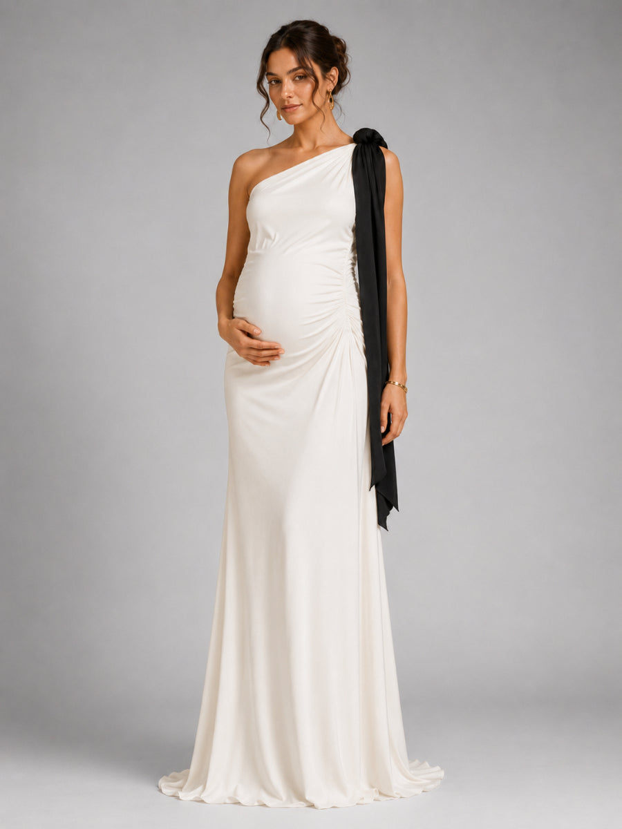 ivory maternity bridesmaid dress One-Shoulder Black Draped Sash Baby Shower L-26930 – yewendress Fashionable sequin mini dress