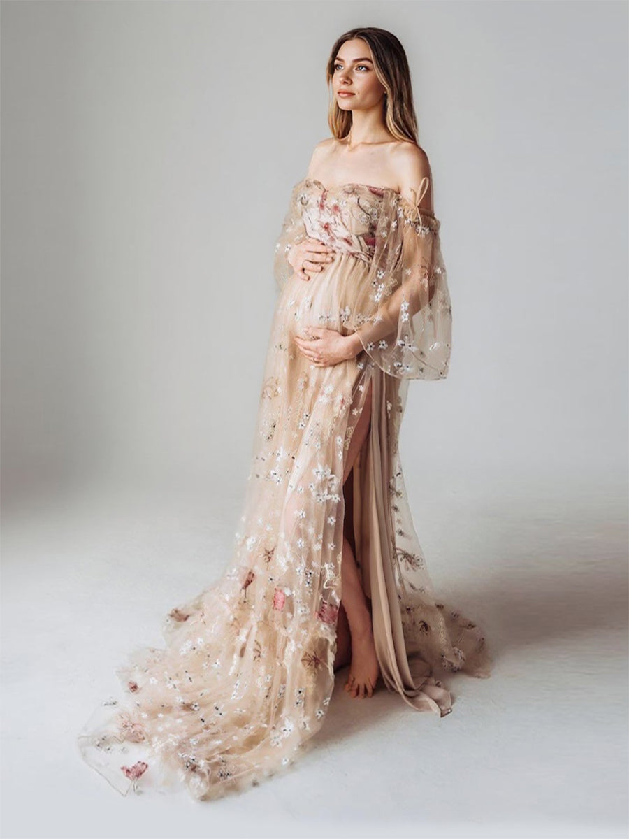 Lace Floral Maternity Photoshoot Dress High Waist Split Gown