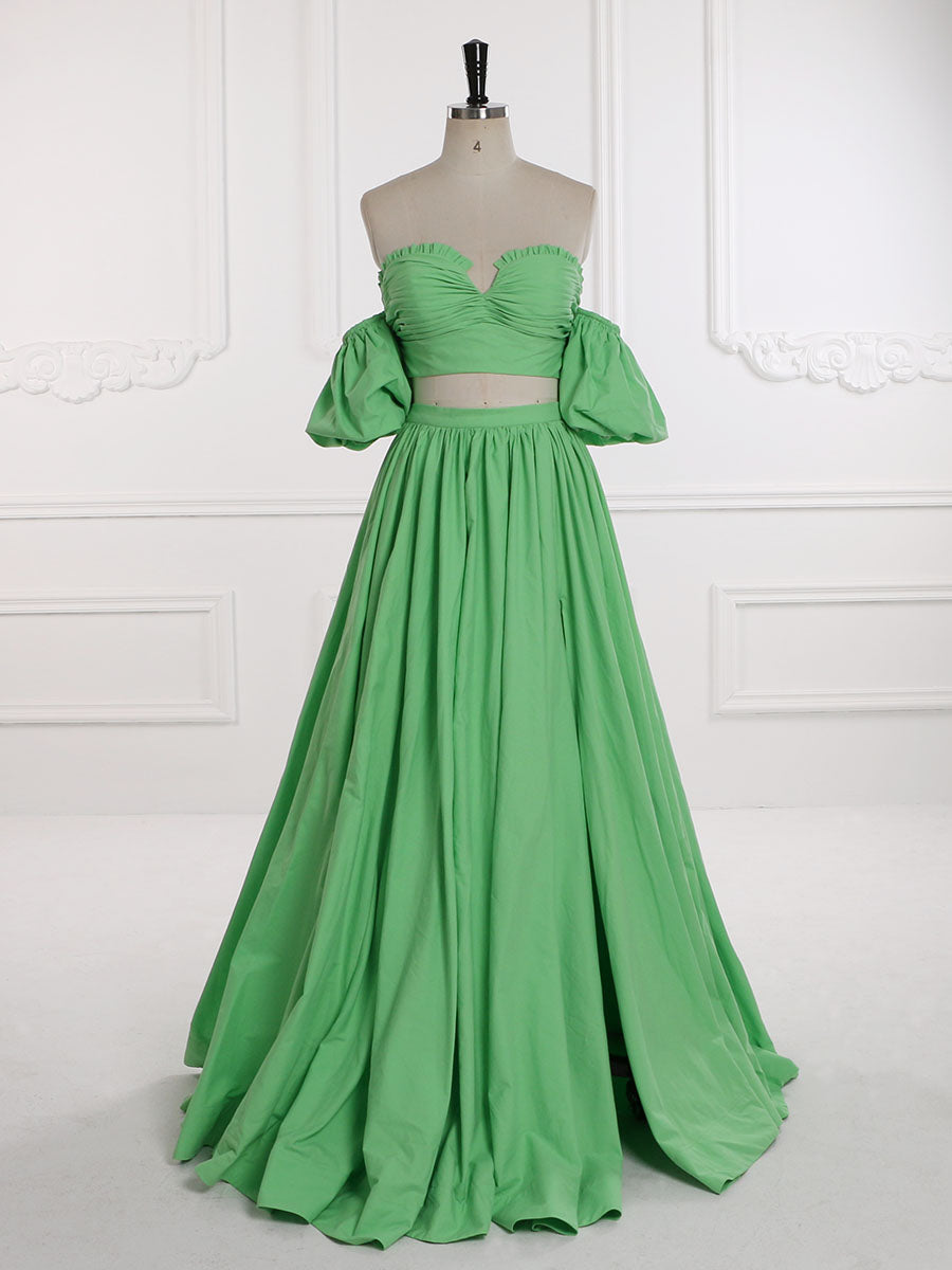 green emerald velvet dress Green Plunging V Two-Piece Ruffle Layers A-Line Long Prom Dress Green / US 10