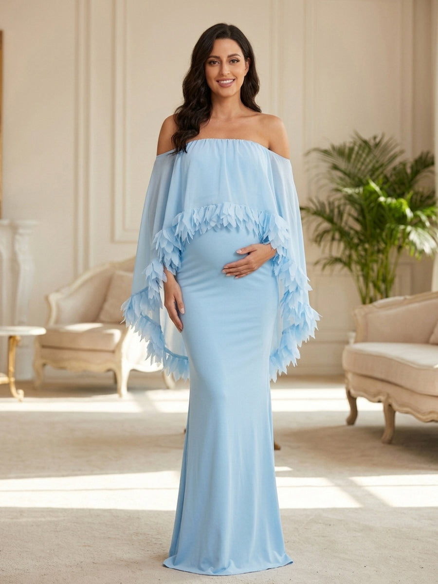Light Blue Maternity Baby Shower Dress With Off-Shoulder Cape And Feather Trim YD260831
