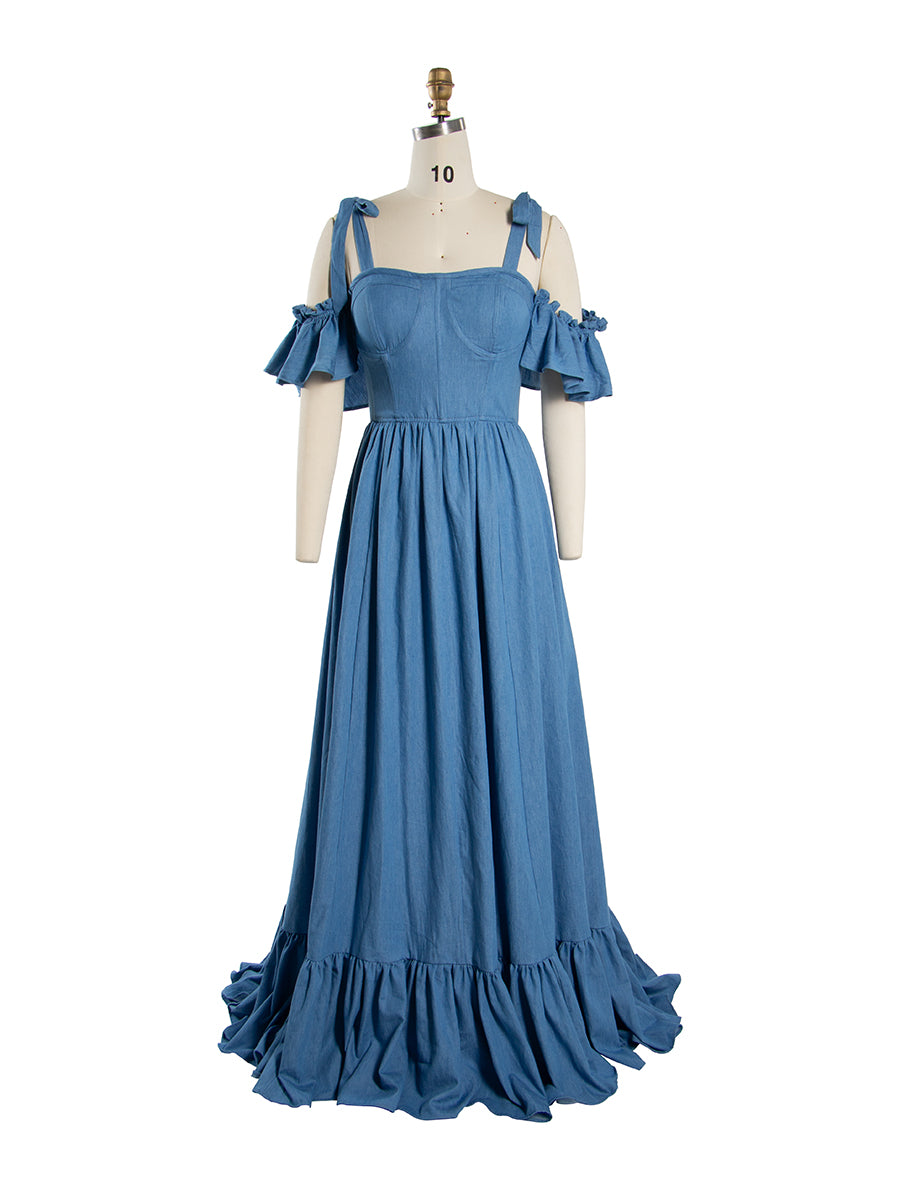 Off Shoulder Ruffle Sleeves Denim Blue Maxi Dress Boho Dress for