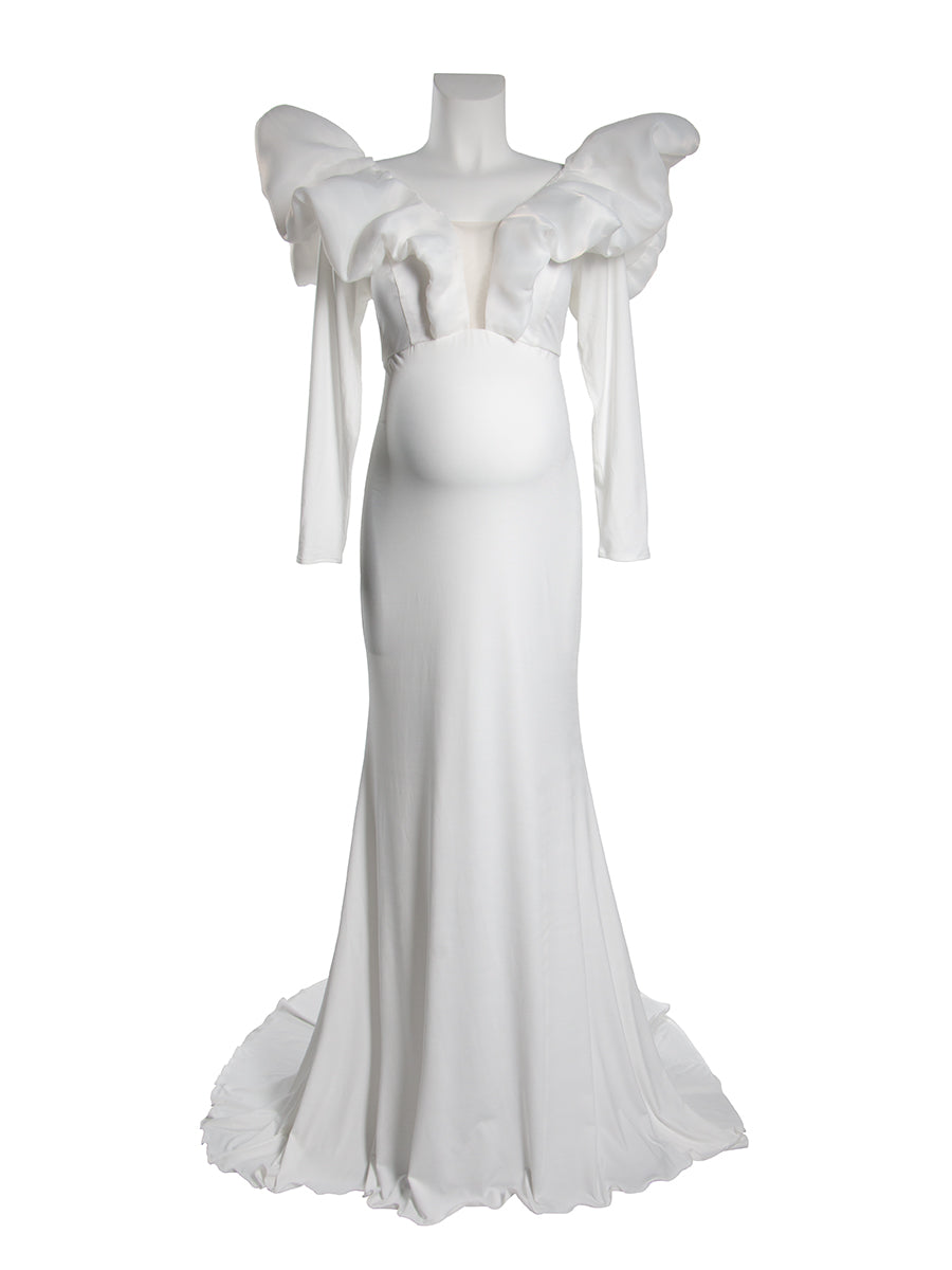 Elegant V Neck Long Sleeve Mermaid Maternity Wedding Dress YW251002 16W / Nature White