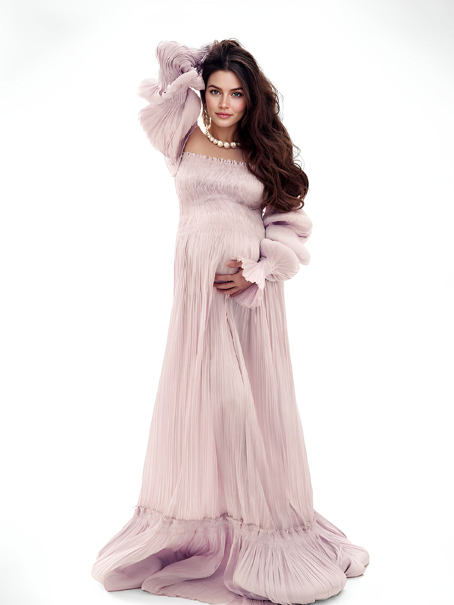 Pleated Maternity Dress for Photo Shoot Long Sleeves Photography Dress 4-6 / Custom Color