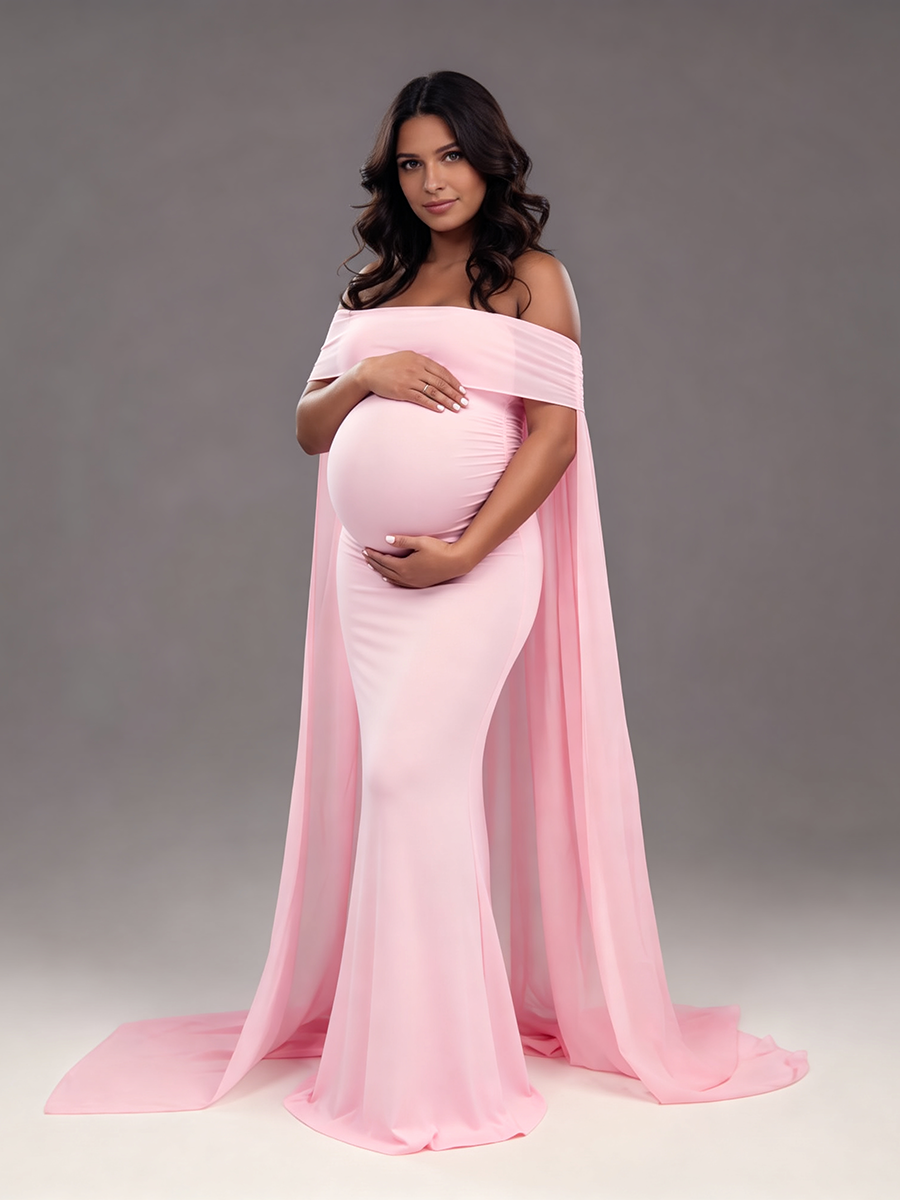 Pink Maternity Photoshoot Dress Off Shoulder Baby Shower Gown for Mom – yewendress