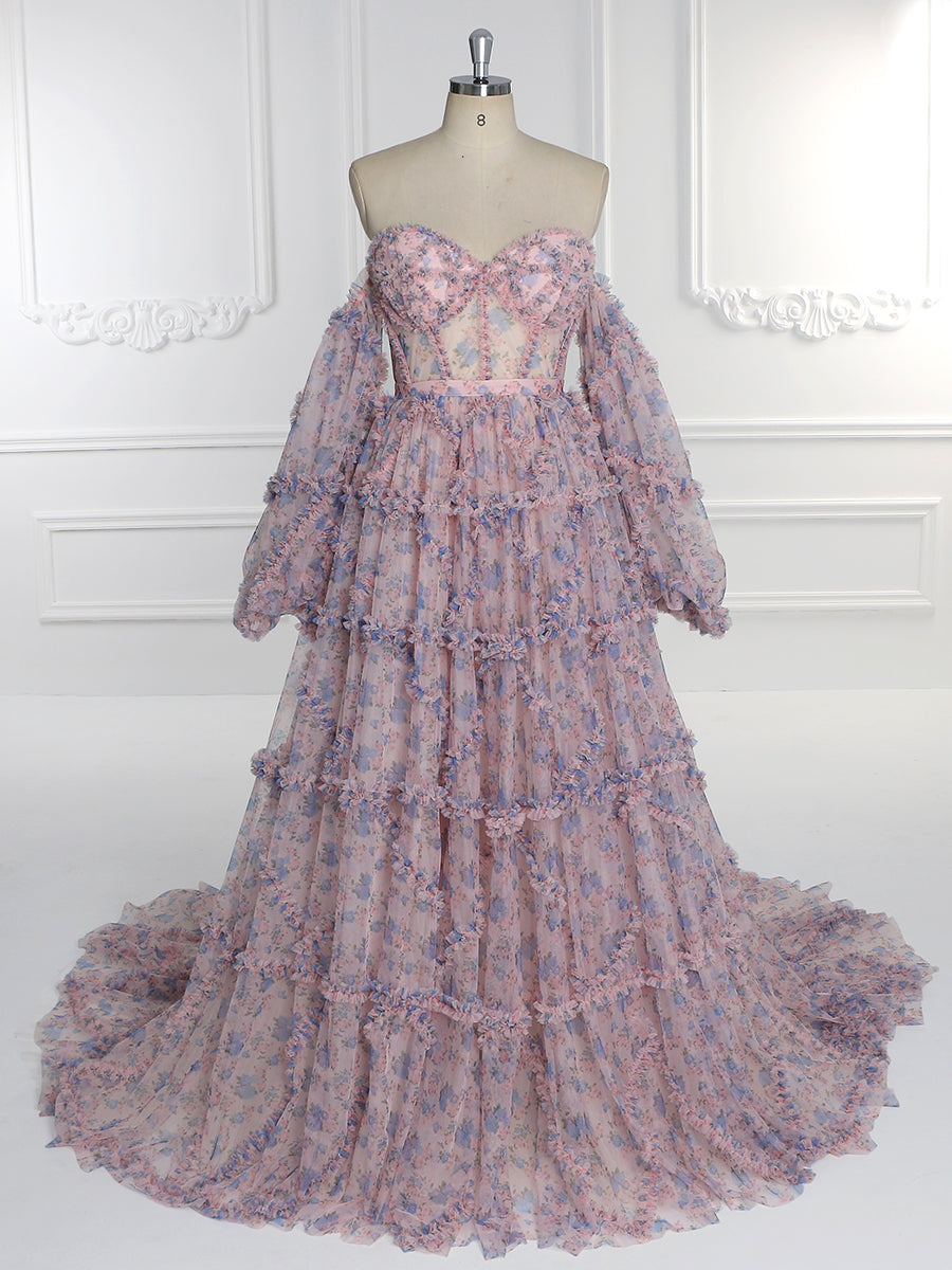 Elegant Floral Tulle Maxi Dress with Sleeves Perfect for