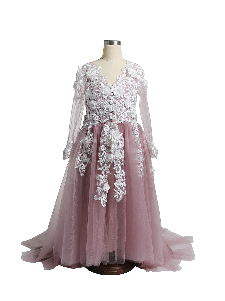 open lace back dress Pink Princess Dress Long Sleeves