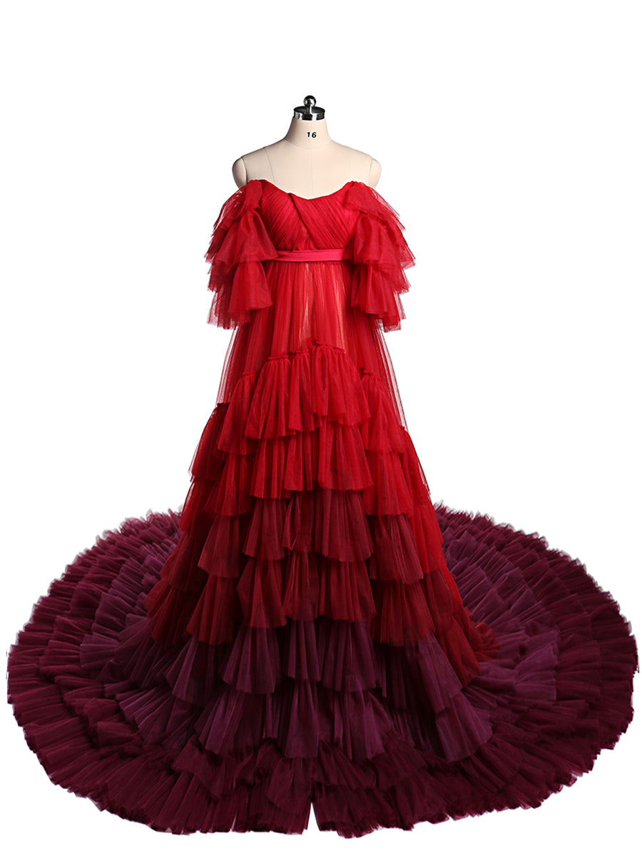 Burgundy Colored Wedding Dresses Long Ruffled Off The Shoulder Tiered Tulle Photo Shoot 16 / Picture Color Burgundy Colored Wedding Dresses Long Ruffled Off The Shoulder Tiered Tulle Photo Shoot 16 / Picture Color