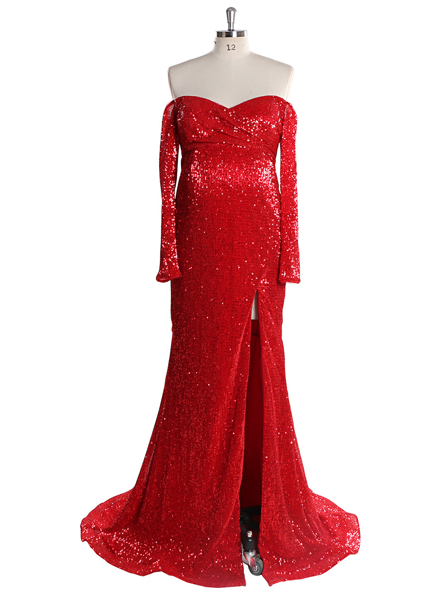 Long Sleeves Sequin V Neck Evening Open Front Strech Belly Maternit Dress Prom Gown 10 / Wine Red Long Sleeves Sequin V Neck Evening Open Front Strech Belly Maternit Dress Prom Gown 10 / Wine Red