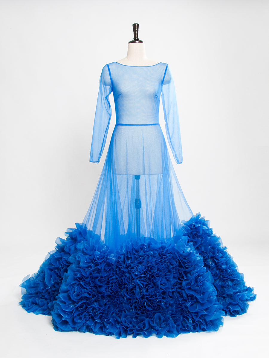 blue mermaid maternity dress Dusty Blue Sequined A-Line Long Sleeves Sweetheart Prom Dress – Dbrbridal main image 0