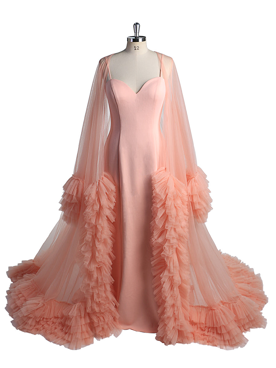 Salmon Evening Dress With Long Robe Capes Maternity Dress Photo Shoot Custom Size / N75