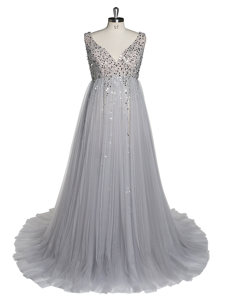 Sliver Beading Tulle Evening Gown Maternity Dress for Photoshoot 12 / Silver Sliver Beading Tulle Evening Gown Maternity Dress for Photoshoot 12 / Silver