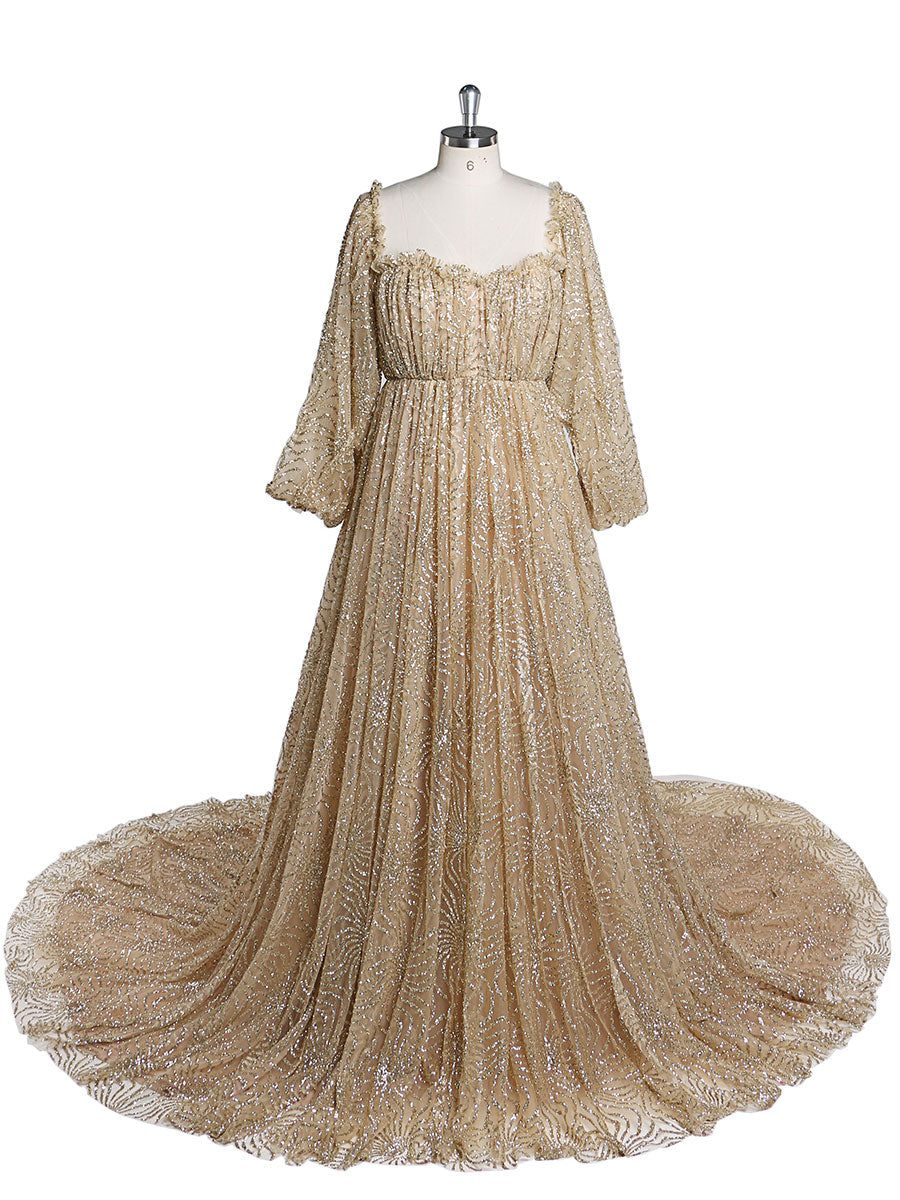 Champagne Gold Glitter Tulle Maternity Gowns for Photoshoot Lace Up P 16 / Champagne Gold Champagne Gold Glitter Tulle Maternity Gowns for Photoshoot Lace Up P 16 / Champagne Gold