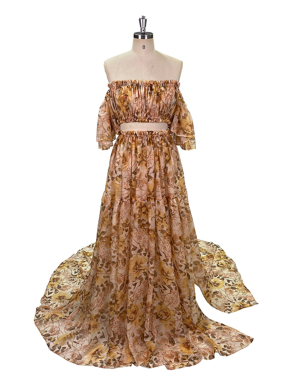 Chiffon Print 2 Pieces Set Dress for Photo Shoot Woman Maxi Dress 20W / Picture Color