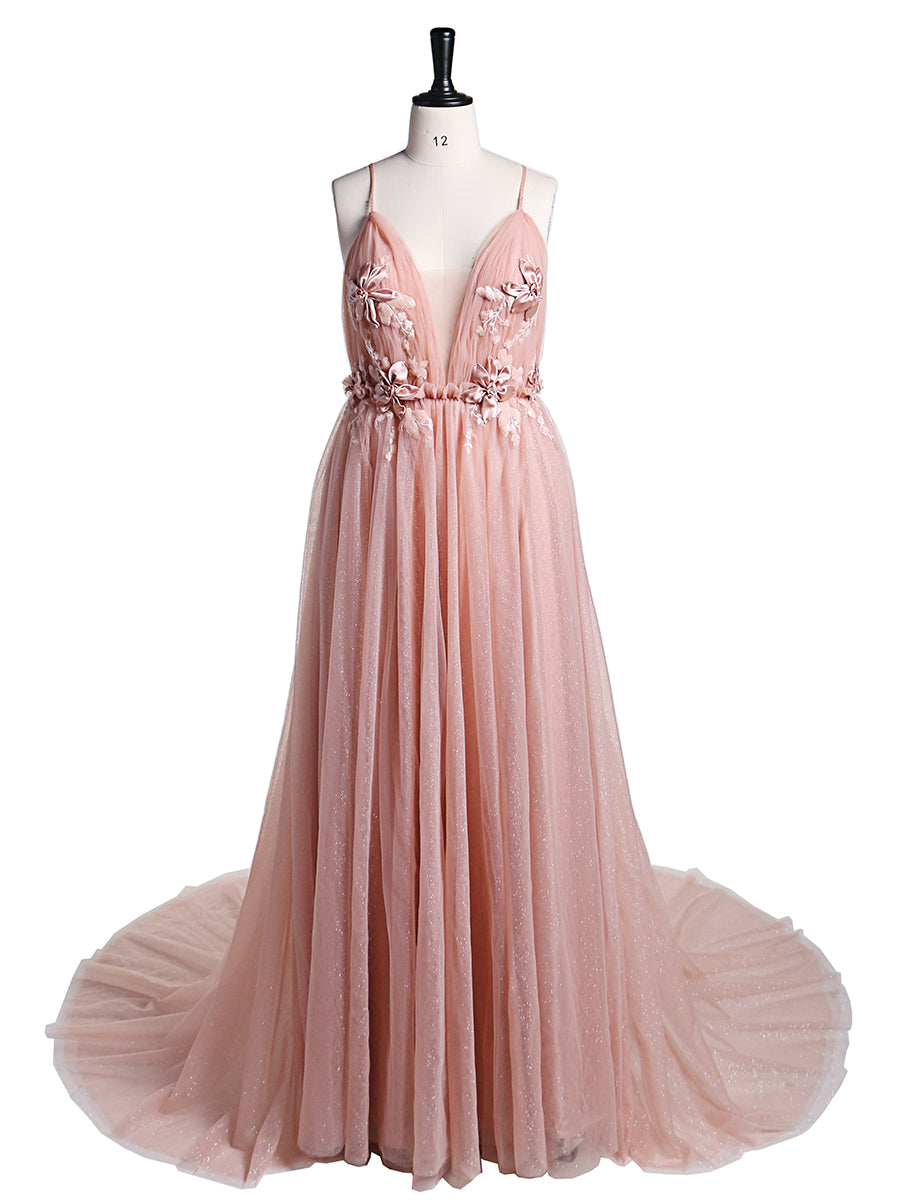 Deep V Neck Tulle Maternity Dress for Photo Shoot Flowers Maternity D 24W / Deep Pink