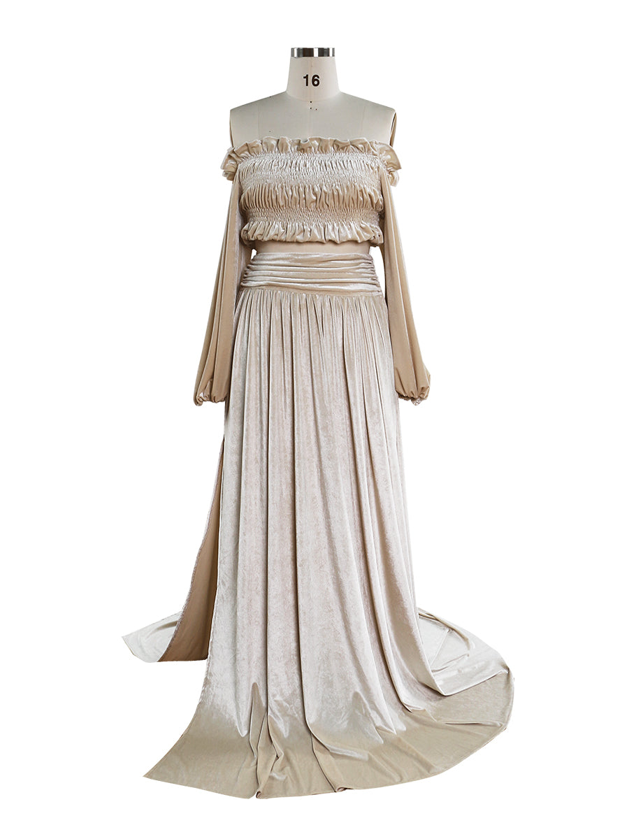 Two-Piece Cream Beige Velvet Crop Top and Long Skirt Set Woman Maxi V 24W / Cream Beige