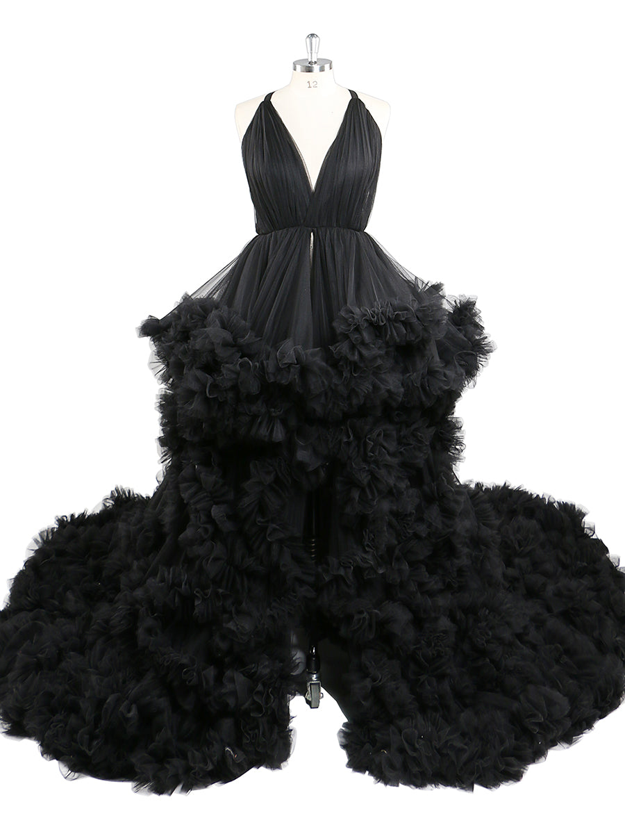 Black V Neck Maternity Photoshoot Dress Cross Lace Up Back Baby Shower Dress Robe for Photoshoot 4 / Black