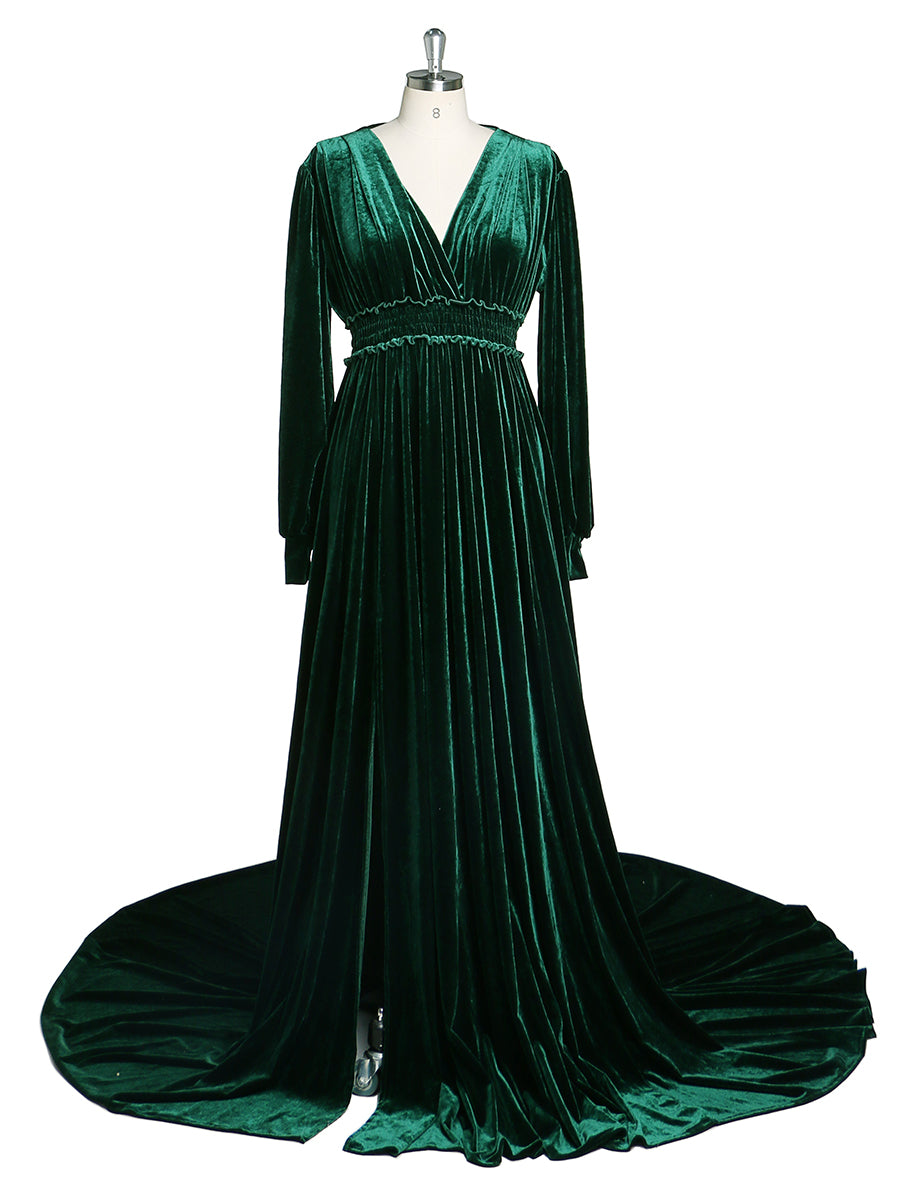 Winter V Neck Velvet Evening Dress Long Sleeves Stretch Waist Side SL 28W / Green Winter V Neck Velvet Evening Dress Long Sleeves Stretch Waist Side Sl –  yewendress