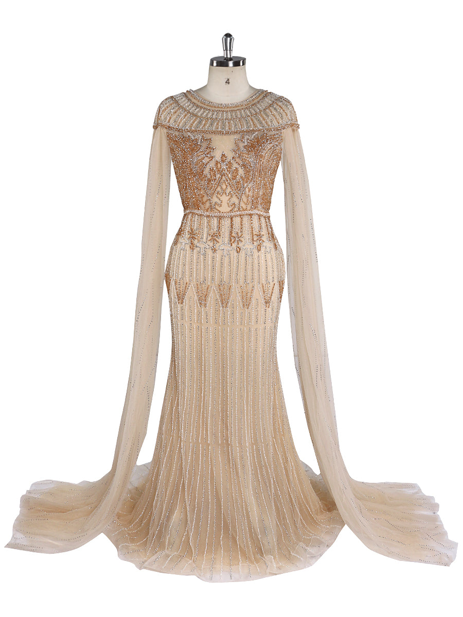 Gold Luxury Arabic Cape Sleeve Beaded Mermaid Evening Dresses Gowns 2024 YEWEN Gold Luxury Arabic Cape Sleeve Beaded Mermaid Evening Dresses Gowns 2024 YEWEN