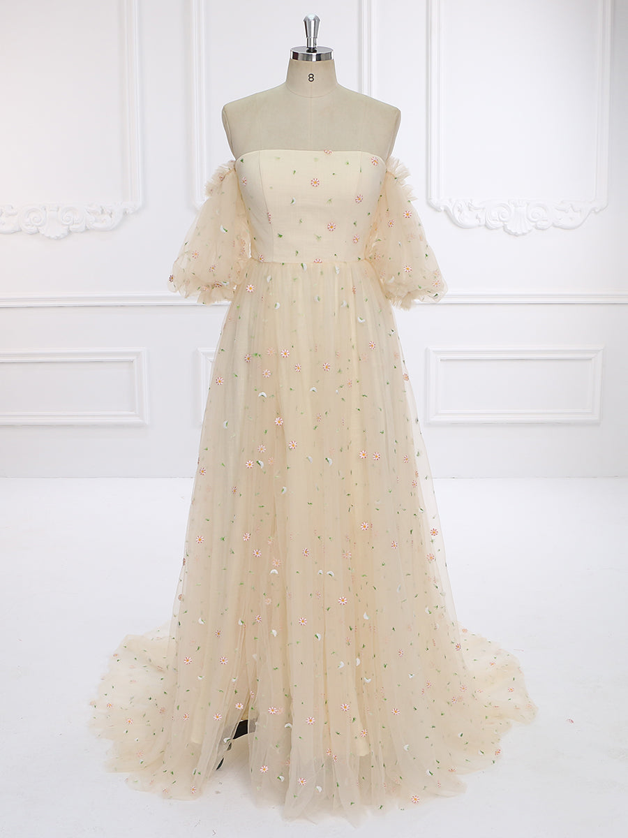 New Short Sleeve Embroidered Boho Tulle Prom Dress Photo Shoots Dress   yewendress
