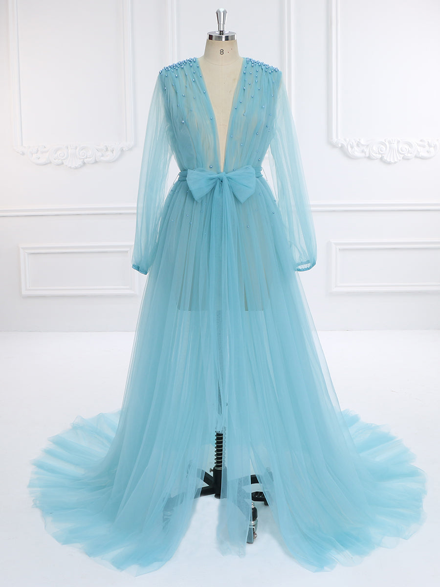 Long Sleeves Soft Tulle with Pearls Maternity Dress for Photoshoot Pl 26W / J180