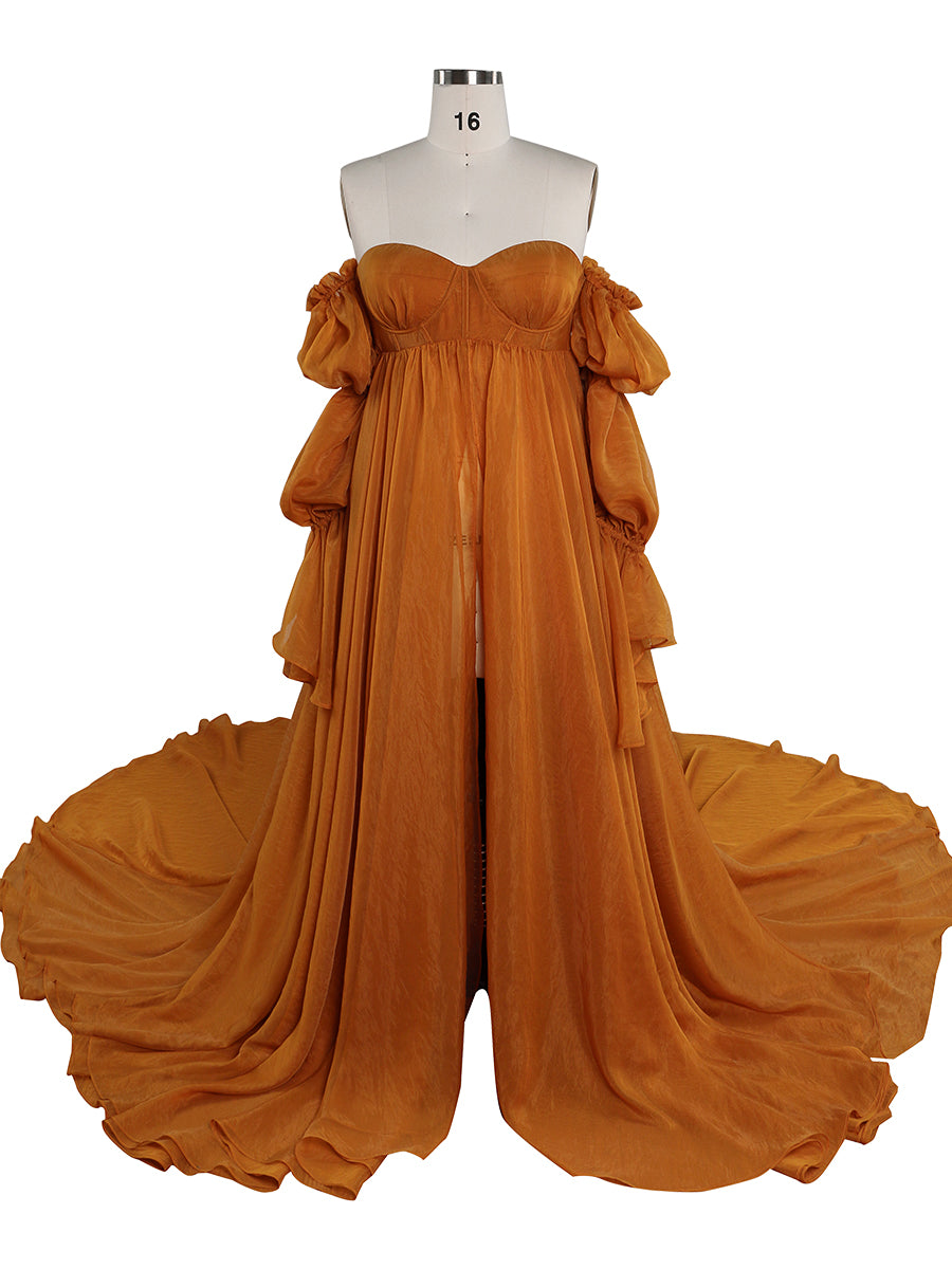 burnt orange maternity dress Solid Color Silk Organza Maternity/ Non Maternity Gown for Photoshoot Detachable Sleeves Fancy Photography Photo Shoot Props YW221105 22W / Picture