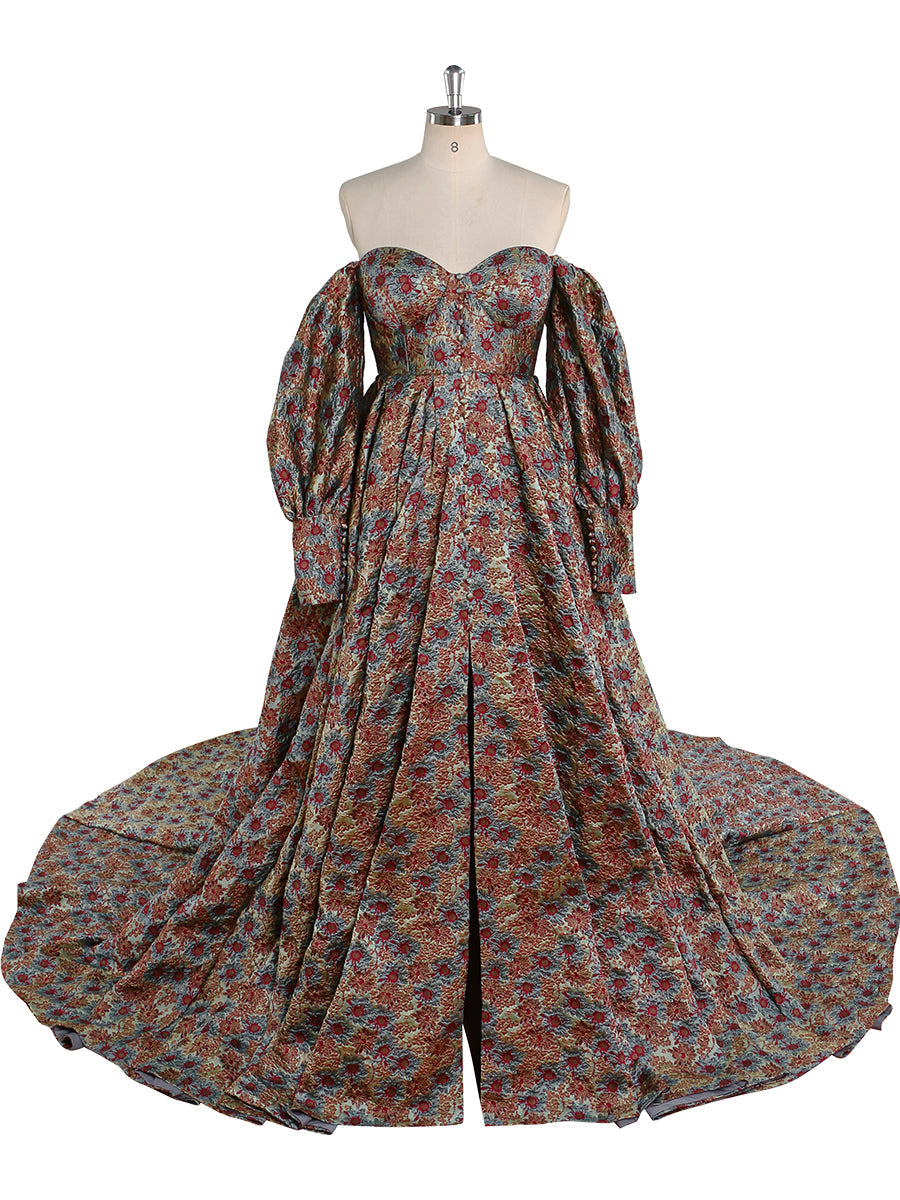High-Quality Elegant Jacquard Floral Evening Dress Long Sleeve Retro Prom Gown Photo Shoot Dress YW221031 6 / Picture Color