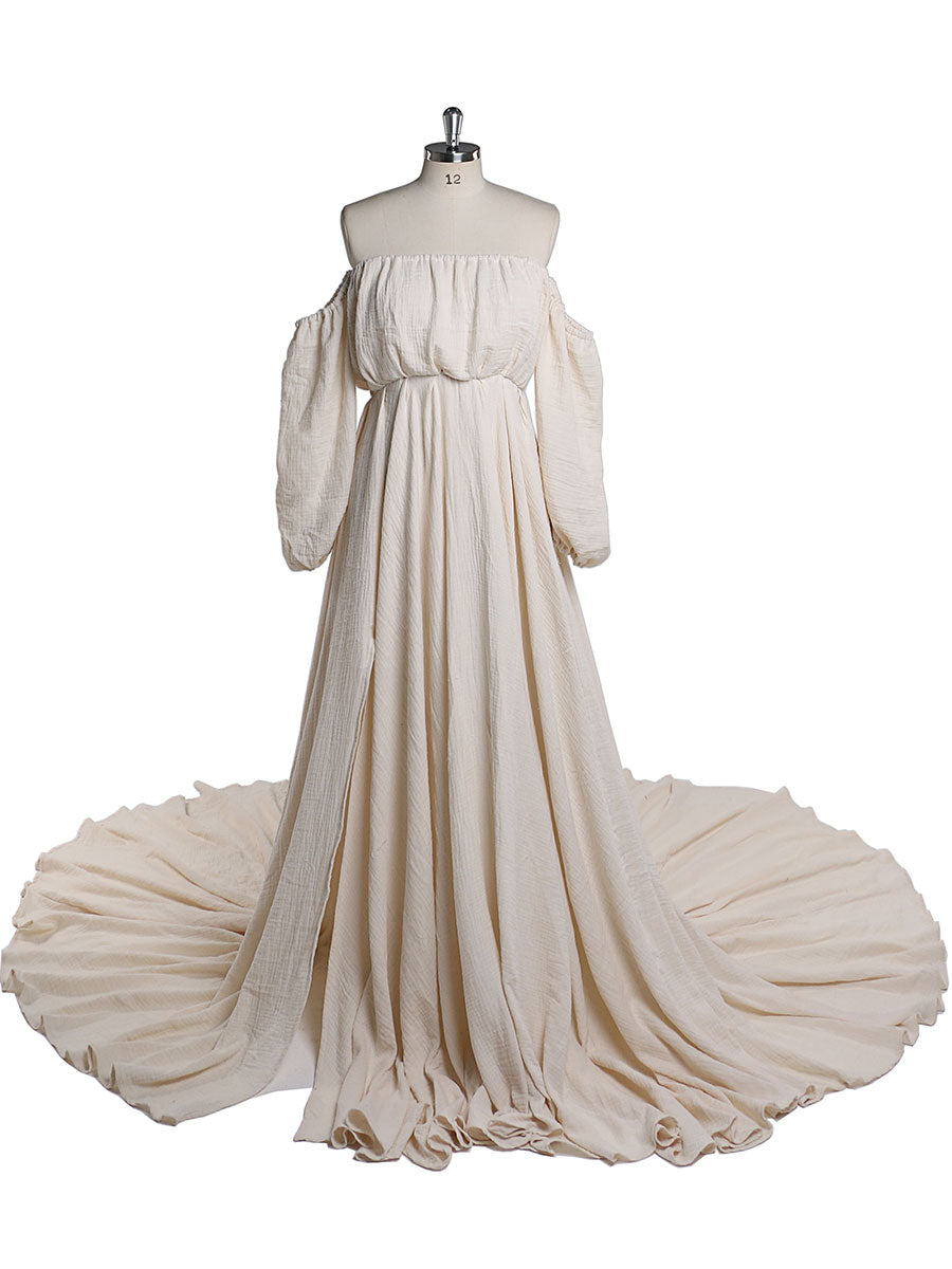 Off Shoulder Cotton Evening Dresses Long Sleeves Side Slit Photo Shoo 16 / E49 Off Shoulder Cotton Evening Dresses Long Sleeves Side Slit Photo Shoo 16 / E49