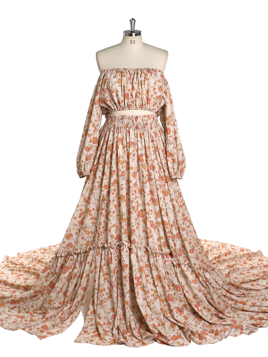 Elegant 2 Piece Set Floral Print Cotton Fabric Woman Maxi Dresses Pho 4 / Picture Color