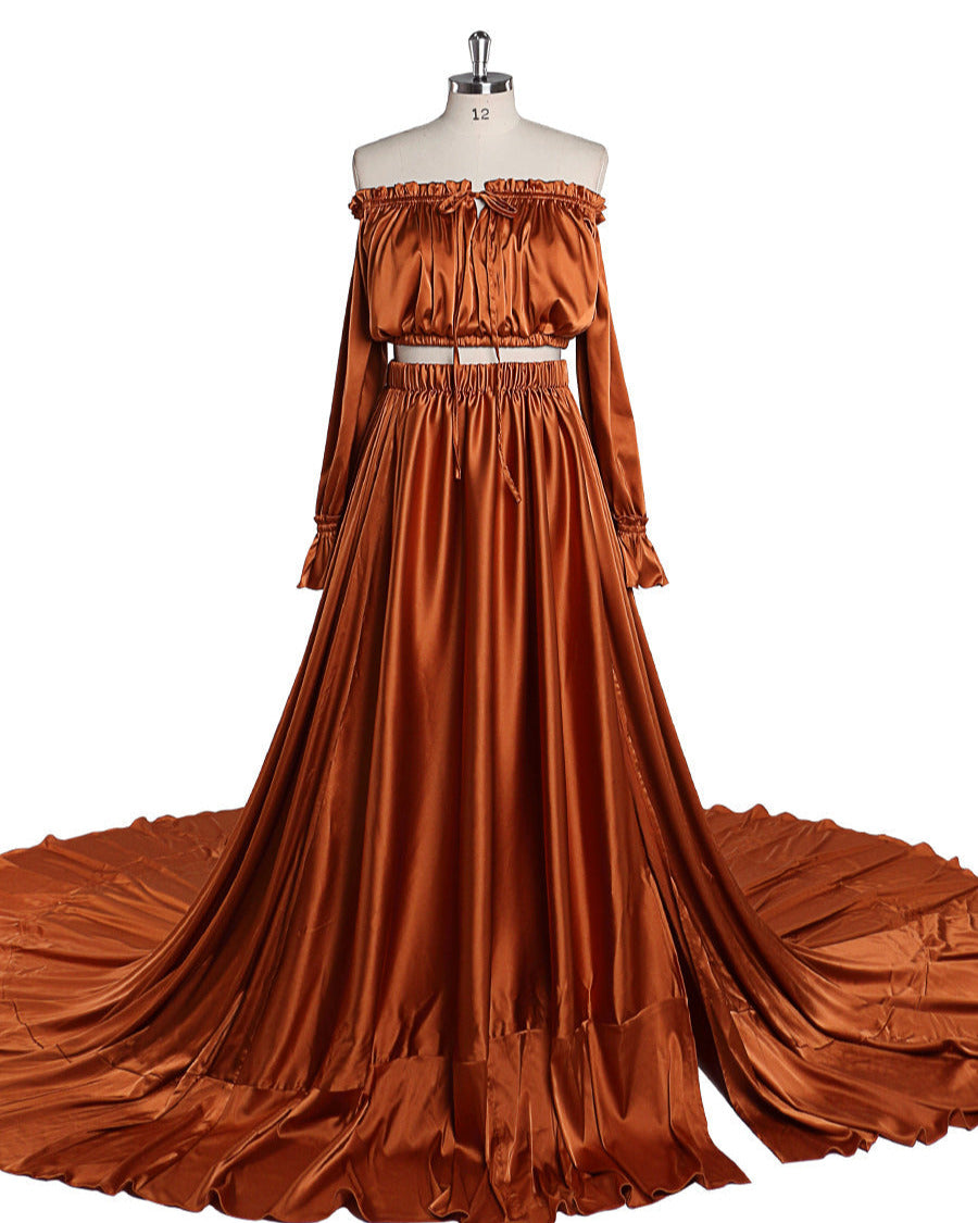 Brown Silk Maternity Dress Soft Satin Off Shoulder Maternity / Non Maternity  Dresses for Photo Shoots Side Slit Photography Dresses Fancy Photography  Props Yewen 8 / T181 Brown Maternity Dress | TikTok