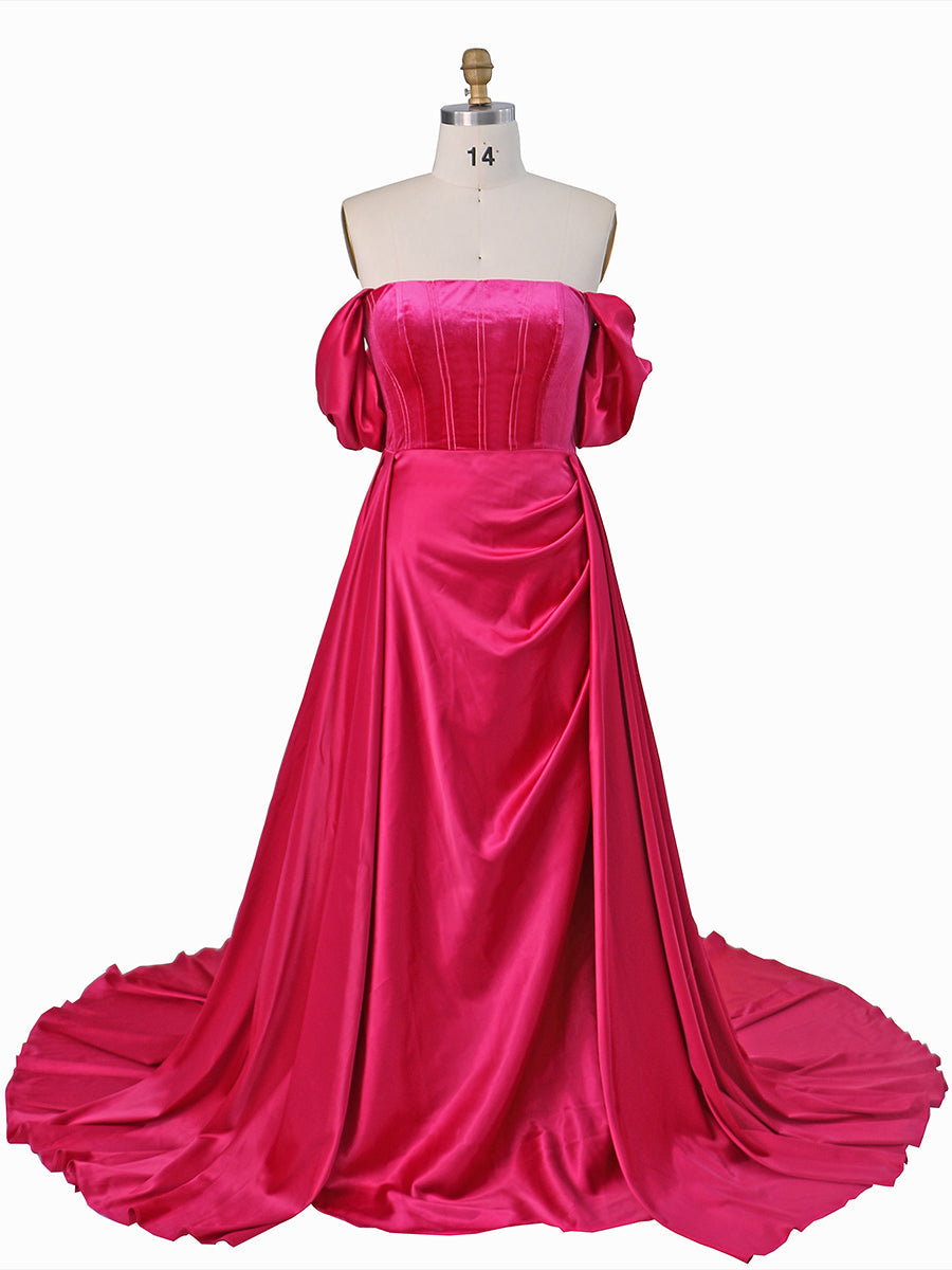 Short Sleeves Off Shoulder Flowy Satin Prom Dress Photoshoot Dress YW231079 Short Sleeves Off Shoulder Flowy Satin Prom Dress Photoshoot Dress YW231079