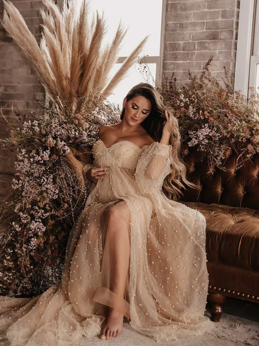 Off Shoulder Pearls High Quality Ivory Long Sleeves Open Front Maternity Gown Prom Dresses Yewen 16W / Champagne Off Shoulder Pearls High Quality Ivory Long Sleeves Open Front Maternity Gown Prom Dresses Yewen 16W / Champagne