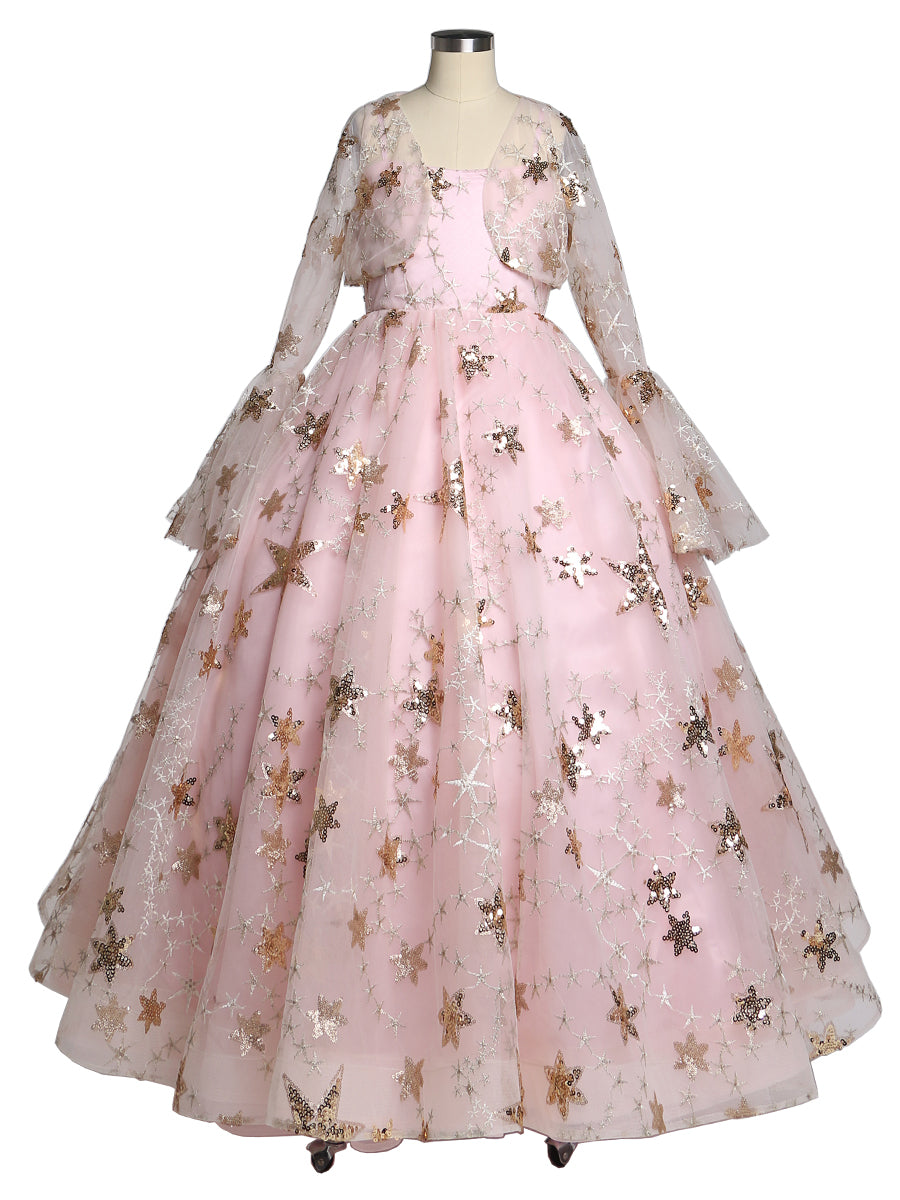 Champagne Star Tulle Flower Girls Dresses with Small Cape for Wedding Child-2 / Pink Color Champagne Star Tulle Flower Girls Dresses with Small Cape for Wedding Child-2 / Pink Color