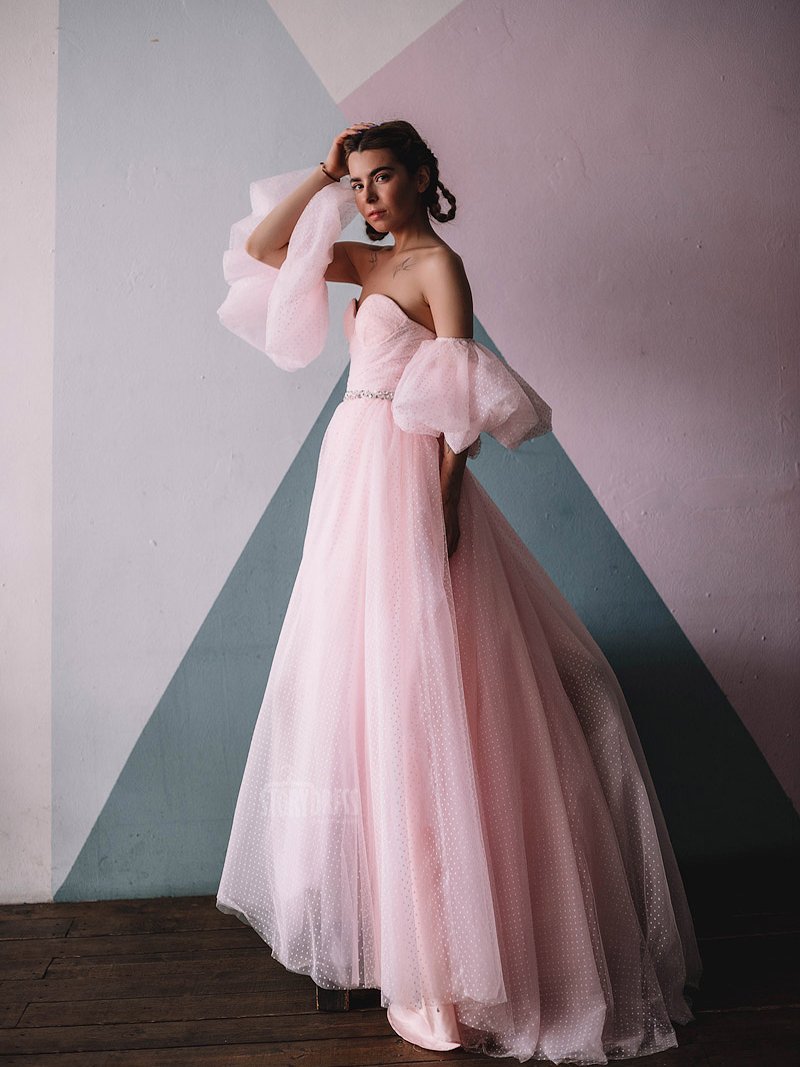 off shoulder puff sleeve prom dress Dusty Blue A-Line Sweetheart Prom Dress with Puff Sleeves