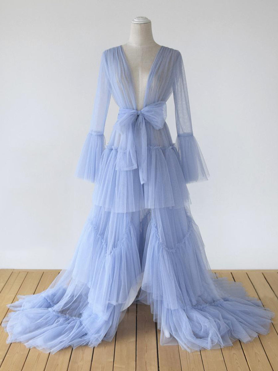 Sexy Plus Size Bow See Through Bell Sleeve Blue Maternity Dress 16 / N77 Sexy Plus Size Bow See Through Bell Sleeve Blue Maternity Dress 16 / N77