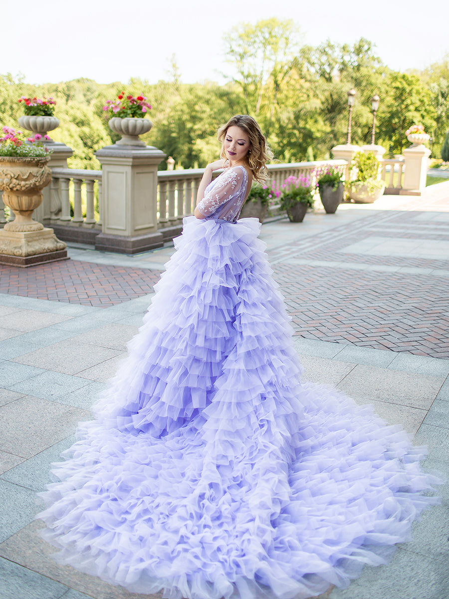 Elegant Lavender Wedding Dresses Half Sleeve Backless Ruffled Photoshoot Dress for Special Event 26W / Amethyst