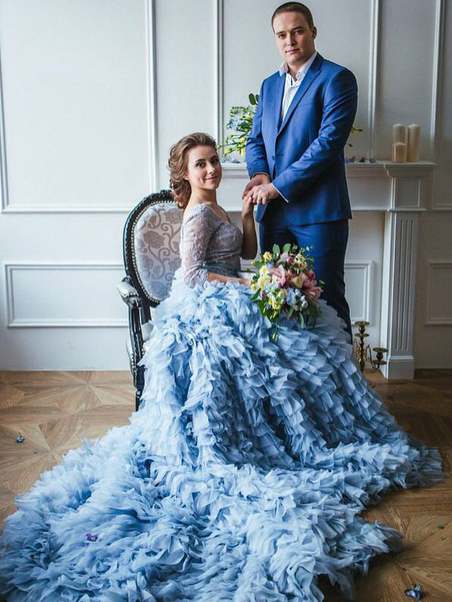 Light Blue Organza Ruffles Lace Long Sleeve Maternity Dress for Photoshoot 24W / B115 Light Blue Organza Ruffles Lace Long Sleeve Maternity Dress for Photoshoot 24W / B115