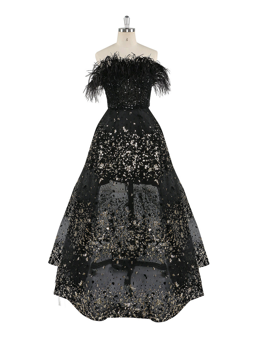 Black A-Line Sexy Evening Dresses Gowns Feather Beaded Luxury 2022 For  Women Wedding Party – yewendress