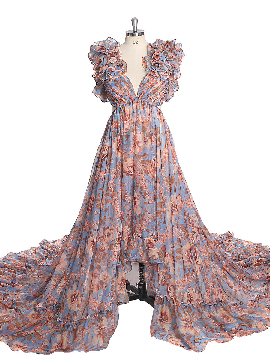 Print Floral Chiffon Woman Dress Photo Shoot Dress Maxi Dress with Long Train YW231023 18w / Picture Color#1