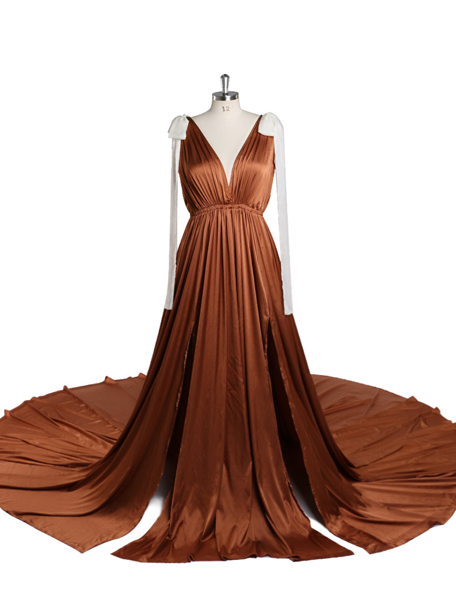 Soft Satin V Neck Maternity Dresses for Photo Shoots Side Slit Photog 22W / T50