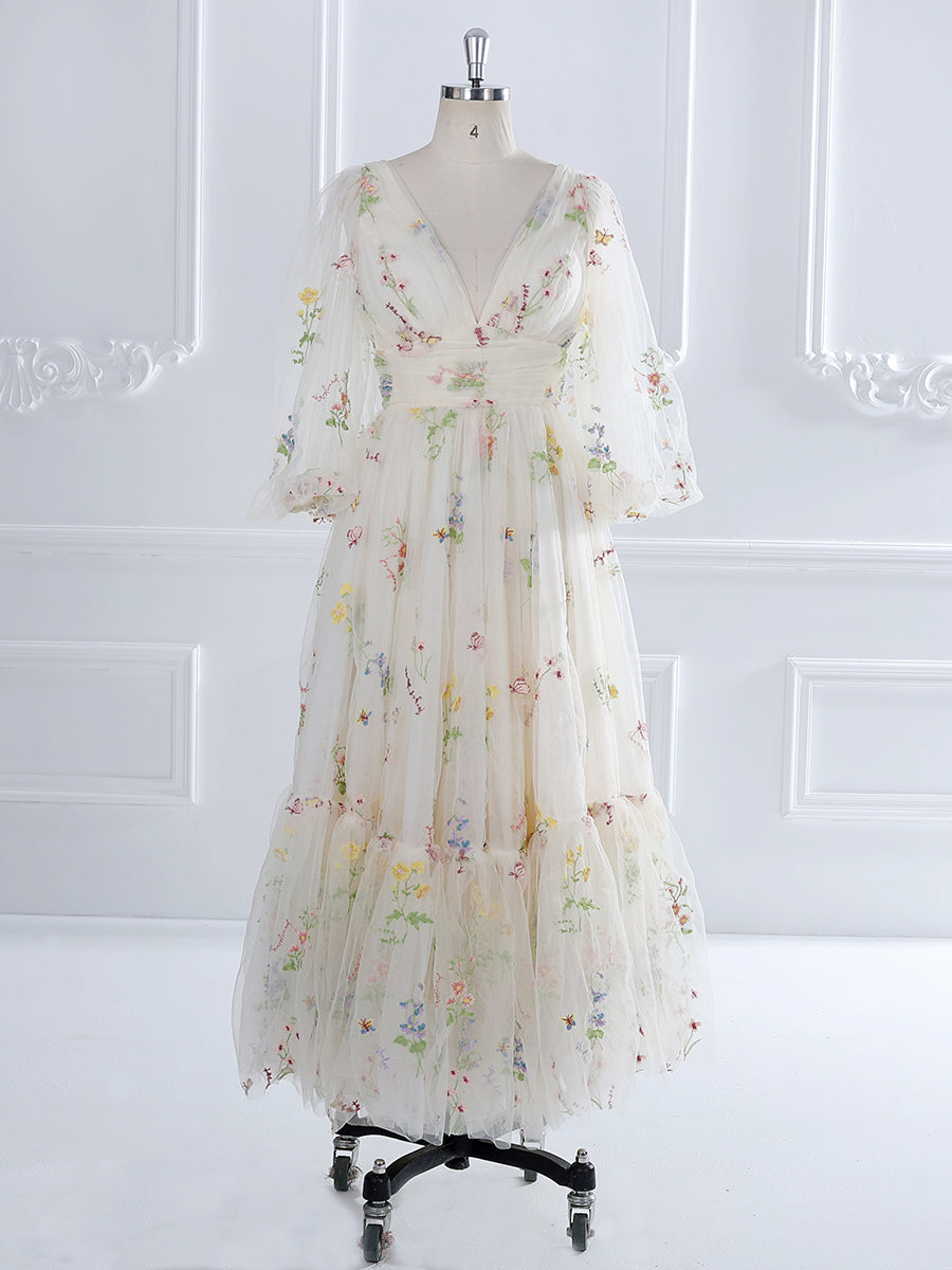 open lace back dress Stunning V-Neck Tea Party Dress with Embroidery Tulle and Puffy Sleeves –  yewendress