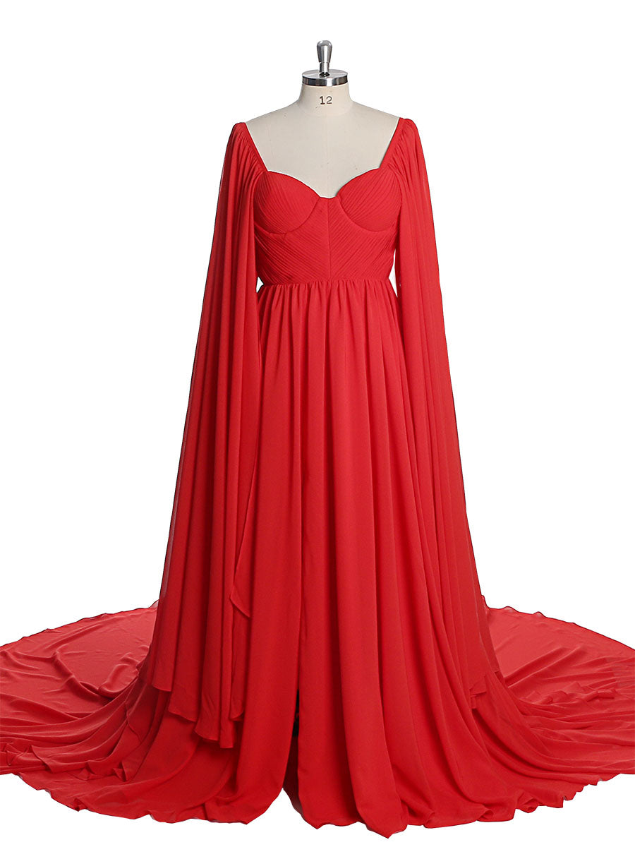 red sweetheart dress long sleeve Sweetheart Neckline Bohemian Colored Wedding Dress Long Cape Sleeve Chiffon Photo Shoot Gowns YD211126 4 / Red
