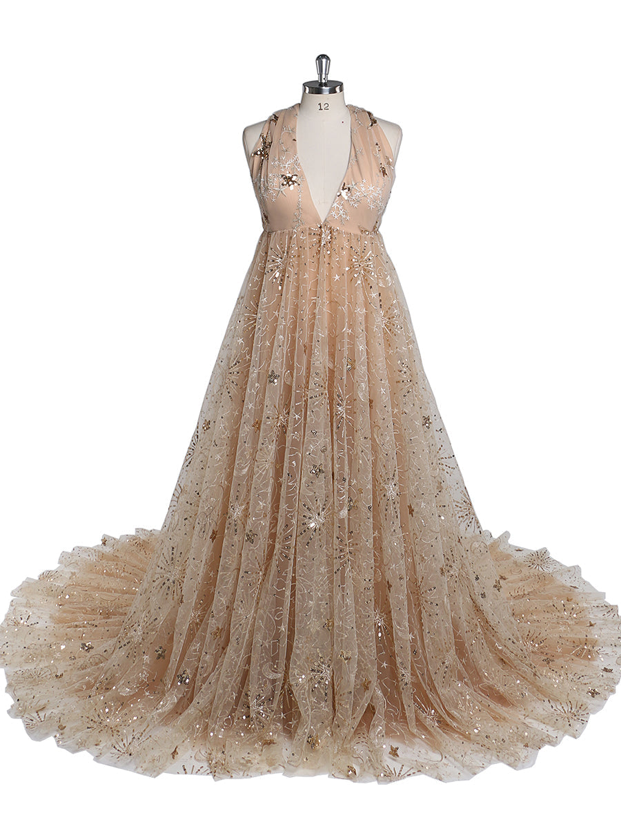 sparkle sequin dress in champagne Champagne Sparkly Plunging Deep V-neck Prom Dress  Mislish